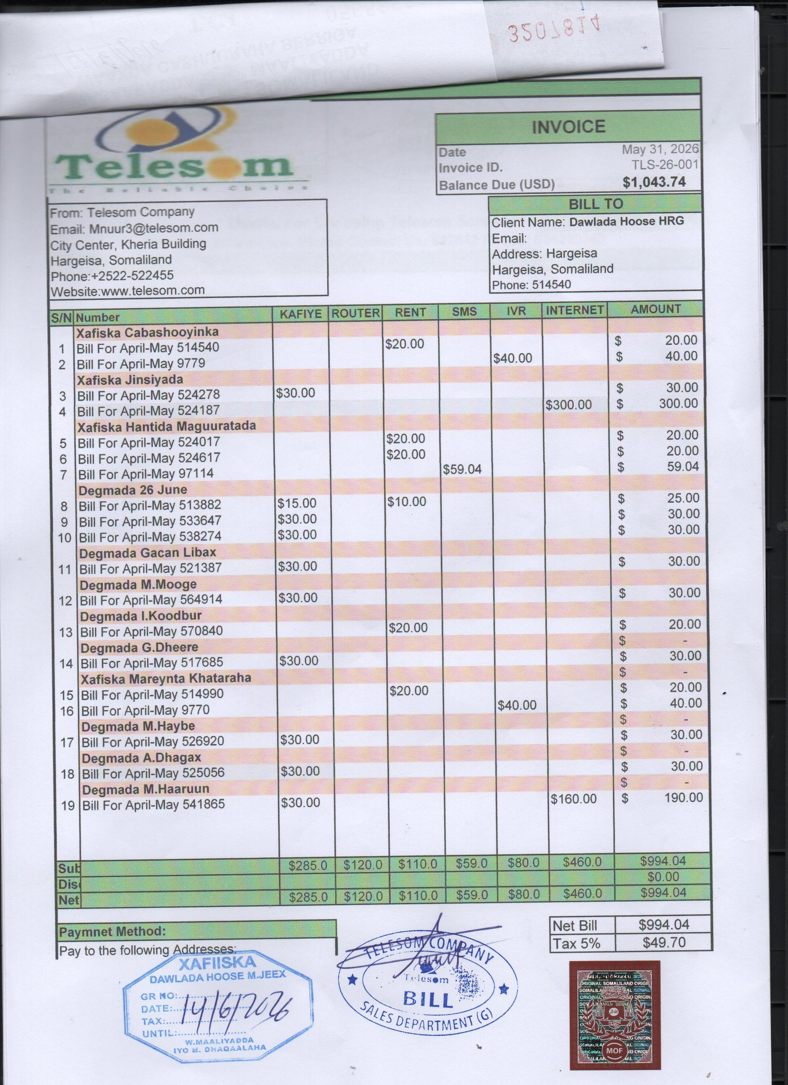Zim Invoice Bill Details